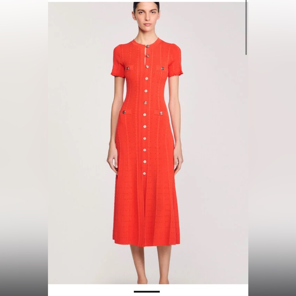 Brand New Sandro Knit DreRed Button-Down Midi Dress